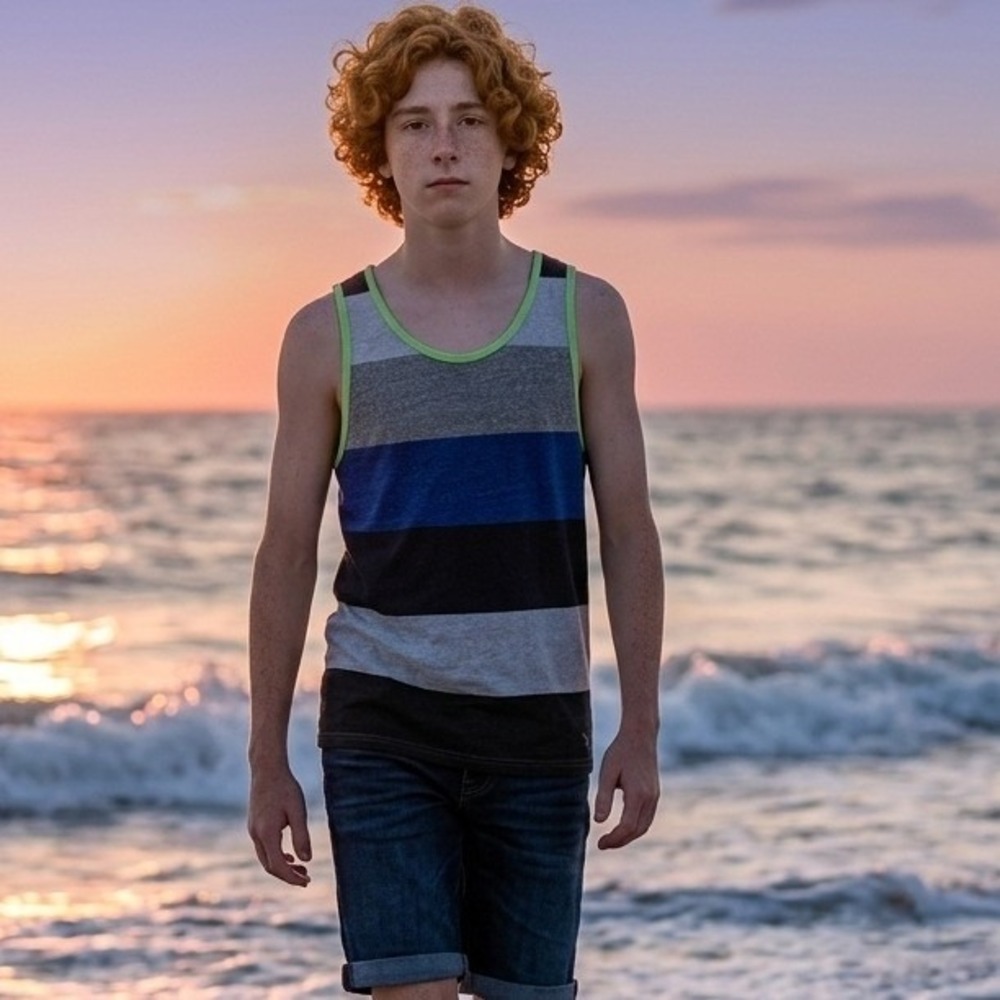 American Eagle Men's M Athletic Fit Tank Top Green Blue Wide Stripe Beach Surf